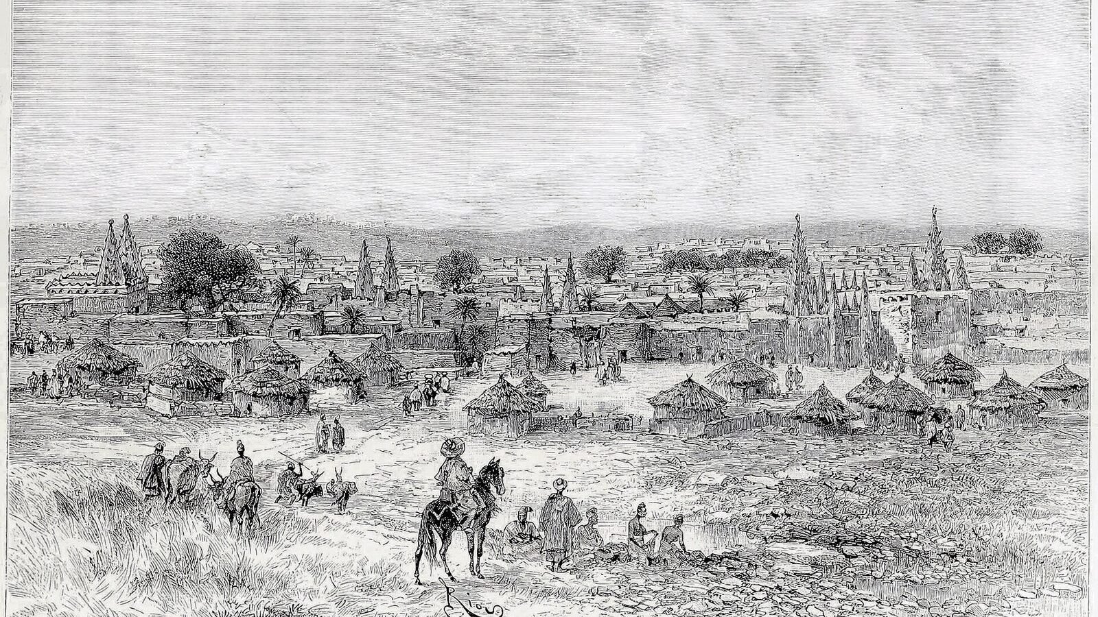 A view of Kong, capital city of the Kong Empire, c. 1887-1889, Ivory Coast, Côte d'Ivoire. Image d'archive.